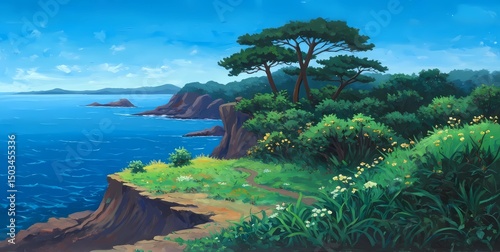 Peaceful coastal landscape featuring a grassy cliff, windswept pine, and distant shoreline under a clear blue sky