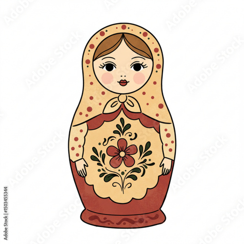 Colorful Russian matryoshka doll standing on a white background in a traditional style