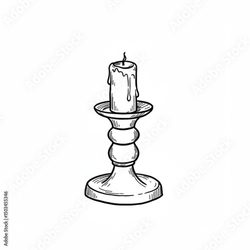 Detailed illustration of a candle on a candlestick against a white background in a vintage style