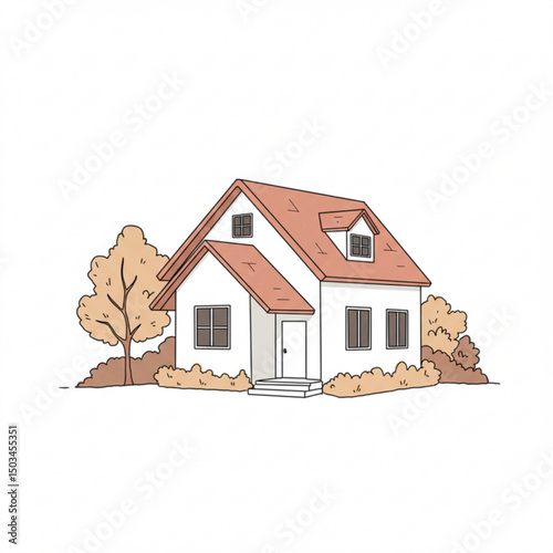 Charming illustration of a cozy house with a red roof and surrounding trees on a white background