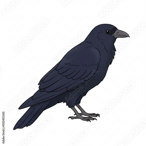 Illustration of a black raven standing on a white background in a realistic style
