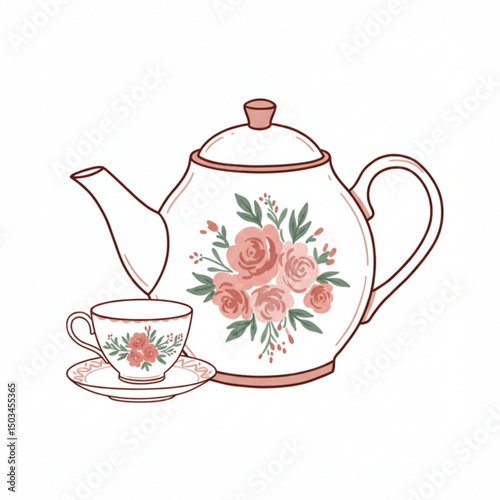 Charming illustration of a teapot and floral teacup on a white background in a vintage style