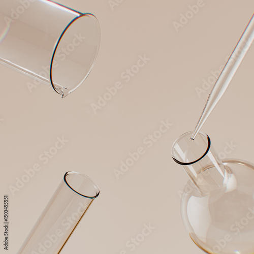 Fototapeta Naklejka Na Ścianę i Meble -  Laboratory glassware medical background. 3d rendering lab research equipment, cosmetic testing abstract concept