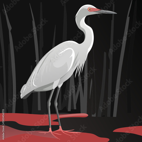Elegant vector illustration of a white morph Reddish Egret, capturing its graceful stance and distinctive features in high-quality detail.