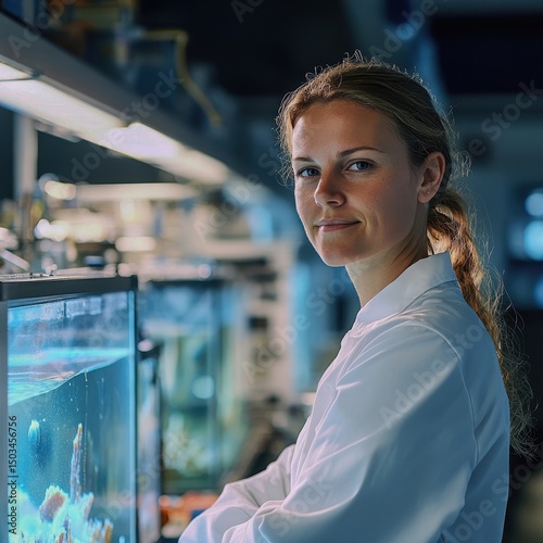 A dedicated marine biologist in a lab with aquariums
