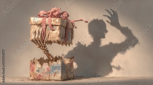 A decayed gift box with a skeleton hand emerging; its shadow depicts a person recoiling in fear.