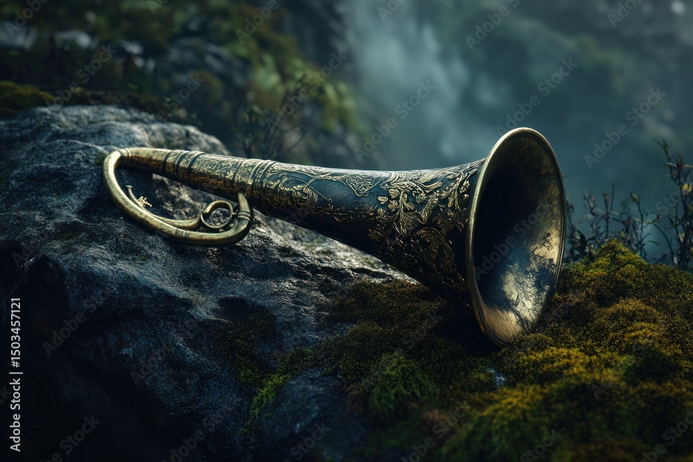 Fototapeta premium Antique brass trumpet on rocks