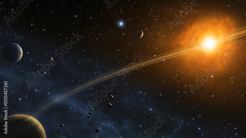 Cosmic illustration of exoplanets orbiting distant stars with nebulae and asteroid belts illuminating the possibilities of extraterrestrial life