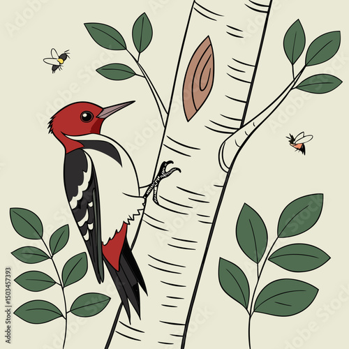 Red-headed Woodpecker pecking on a birch tree, surrounded by flying insects—capturing nature's vivid moment in crisp detail.