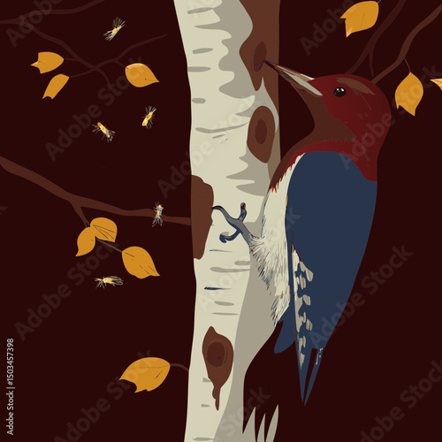 Red-headed Woodpecker pecking on a birch tree, surrounded by flying insects—capturing nature's vivid moment in crisp detail.