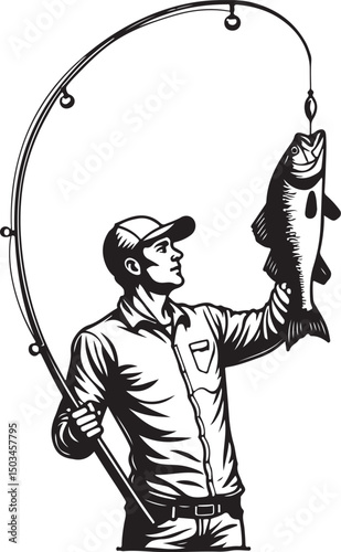 Fisherman Holding Caught Fish with Rod vector