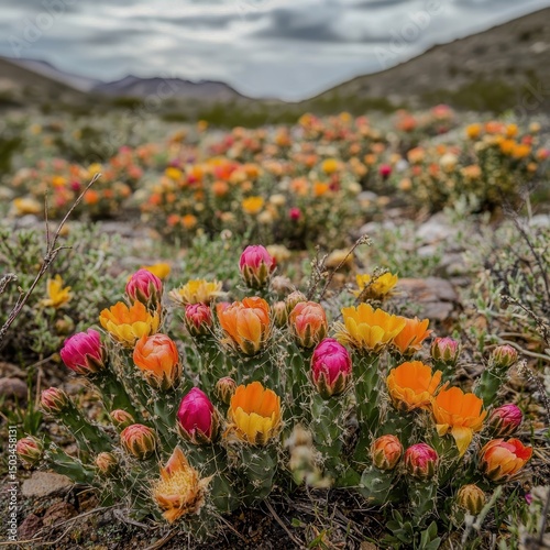 A desert blooming with colorful flowers after a rare rain