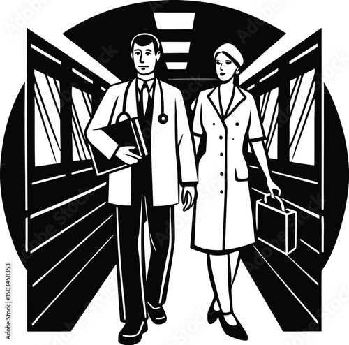 Doctor and Nurse Walking Down Hospital Hallway