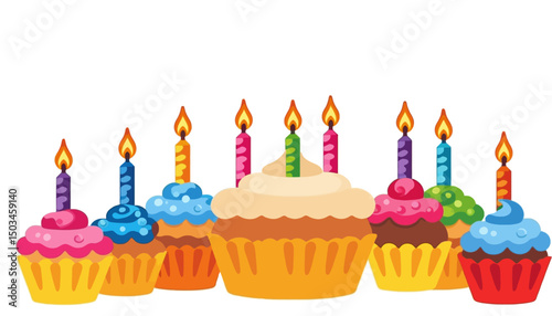 Colorful-Birthday-Cupcakes-with-Candles-Celebration-Desserts-Party-Treats-Sweet-Tooth-Festive-Occasion-Bakery-Goodies-Happy-Birthday-Celebration-Cupcake-Image