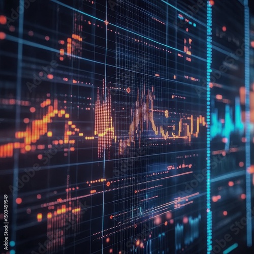 A digital AI stock market simulator with vibrant data visualizations Focus on the data visualizations