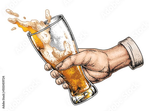 Hand holding a glass of beer with a splash