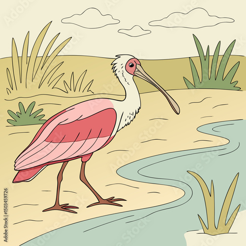 Elegant vector illustration of a roseate spoonbill, showcasing its vibrant pink plumage and distinctive spoon-shaped bill in a graceful pose.