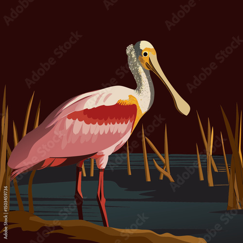Elegant vector illustration of a roseate spoonbill, showcasing its vibrant pink plumage and distinctive spoon-shaped bill in a graceful pose.