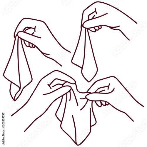 Black and white line drawing of multiple hands stretching cloth pieces. Ideal for coloring page, worksheet on body care, textile education, or hand gesture practice in art or diversity themes