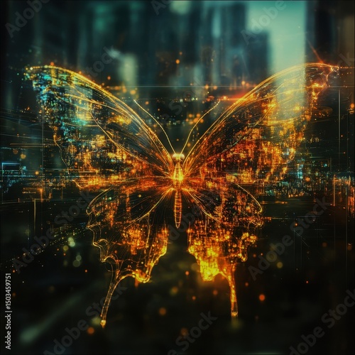 A digital butterfly with glowing wings in an abstract environment Focus on the butterfly, wings