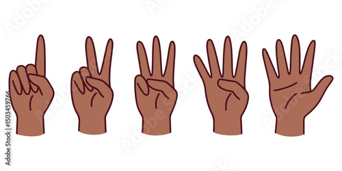Dark brown hands showing numbers one to five using finger gestures in a horizontal layout. Designed for visual education tools promoting inclusive representation and early numeracy
