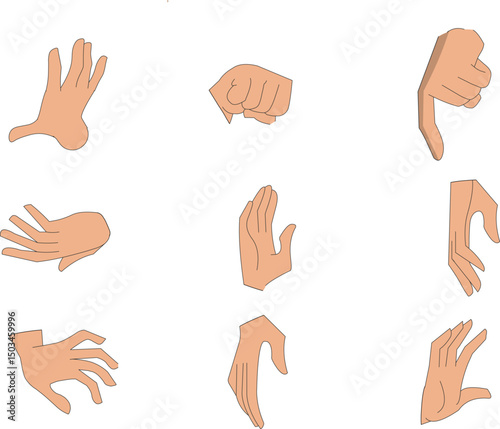 Hand Gestures and Expressions Vector Set – Collection of Diverse Hand Poses, Communication Signs, Signals, and Finger Movements for Design, Animation, and Illustration Projects