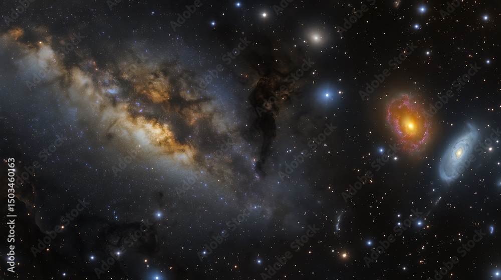 Fototapeta premium Deep space scene showing the Milky Way galaxy surrounded by distant galaxies and cosmic radiation with stars and nebulae illuminating the darkness