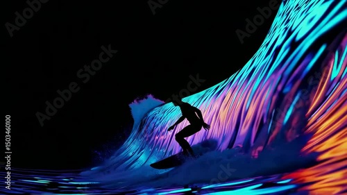 Surfer illuminated by vibrant neon waves in exhilarating nocturnal adventure