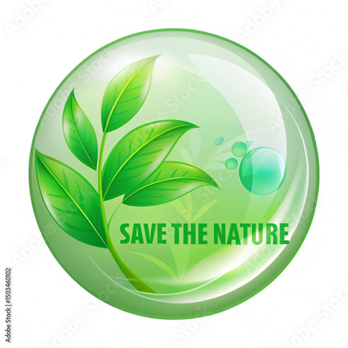 World Environment day or earth day concept. Green leaves in a glossy sphere. Green leaves inside glossy sphere protection. Save the nature - environmental symbol. vector illustration isolated on white