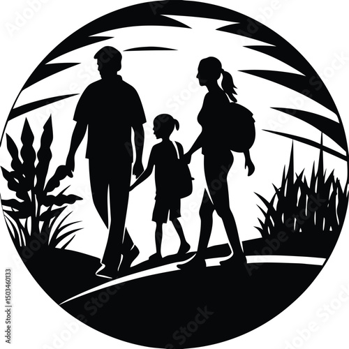 Family of Three Walking at Sunset Silhouette