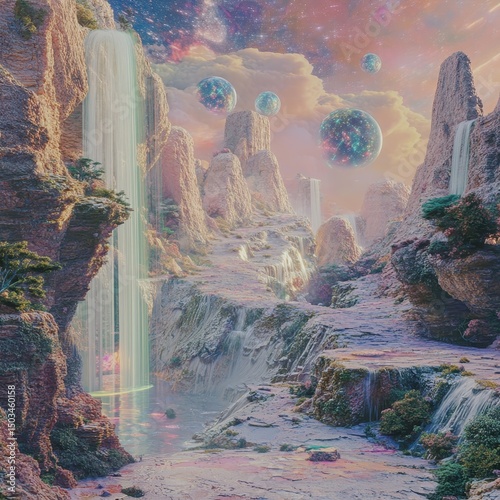 A digital canvas with AI designing a surreal fantasy landscape Focus on the canvas and fantasy visuals