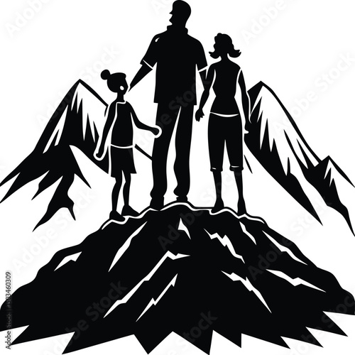 Family Standing on Mountain Peak Silhouette