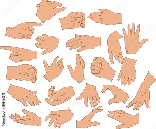 Hand Gestures and Expressions Vector Set – Collection of Diverse Hand Poses, Communication Signs, Signals, and Finger Movements for Design, Animation, and Illustration Projects