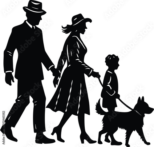 Family Walking with a Dog Silhouette