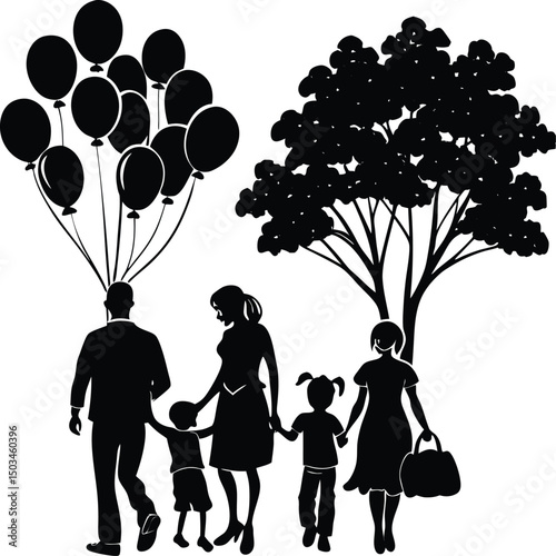 Family with Balloons Walking in a Park
