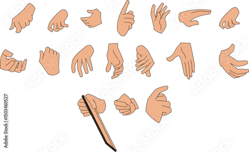 Hand Gestures and Expressions Vector Set – Collection of Diverse Hand Poses, Communication Signs, Signals, and Finger Movements for Design, Animation, and Illustration Projects