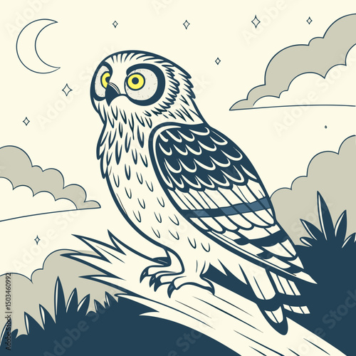 This digital product features a royalty-free vector illustration of a short-eared owl perched on a trunk, suitable for commercial, editorial, and personal use. 