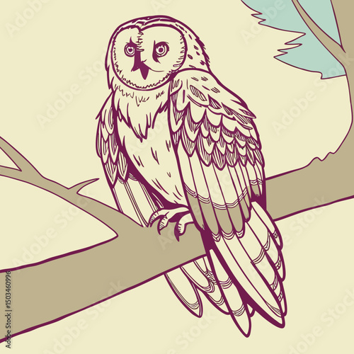 This digital product features a royalty-free vector illustration of a short-eared owl perched on a trunk, suitable for commercial, editorial, and personal use. 