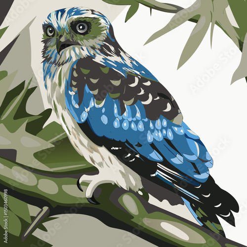 This digital product features a royalty-free vector illustration of a short-eared owl perched on a trunk, suitable for commercial, editorial, and personal use. 