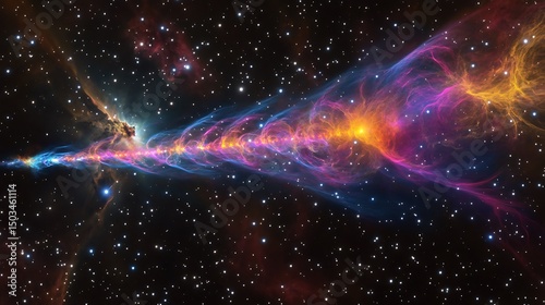 Depiction of a supernova remnant with colorful shockwaves and intricate gas patterns spreading across the cosmic backdrop