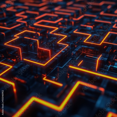 A digital maze with glowing pathways in a futuristic setting Focus on the pathways