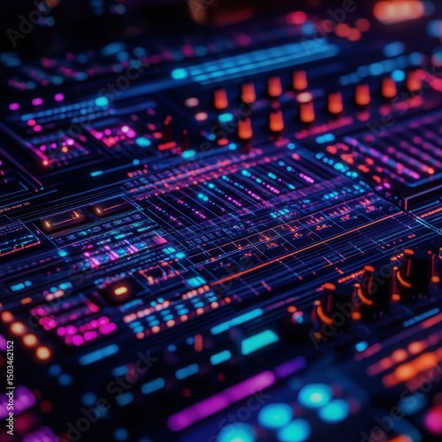 A digital music studio with AI composing futuristic soundscapes Focus on the digital interface