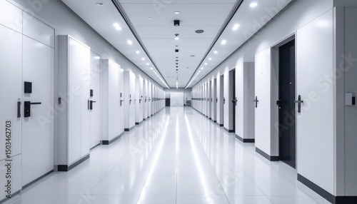Modern indoor hallway with white walls and glossy floors