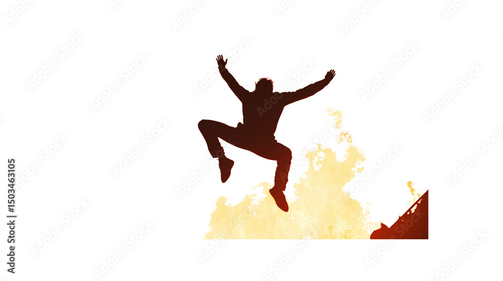 Fototapeta premium Silhouette of businessman jumping over fire with transparent background