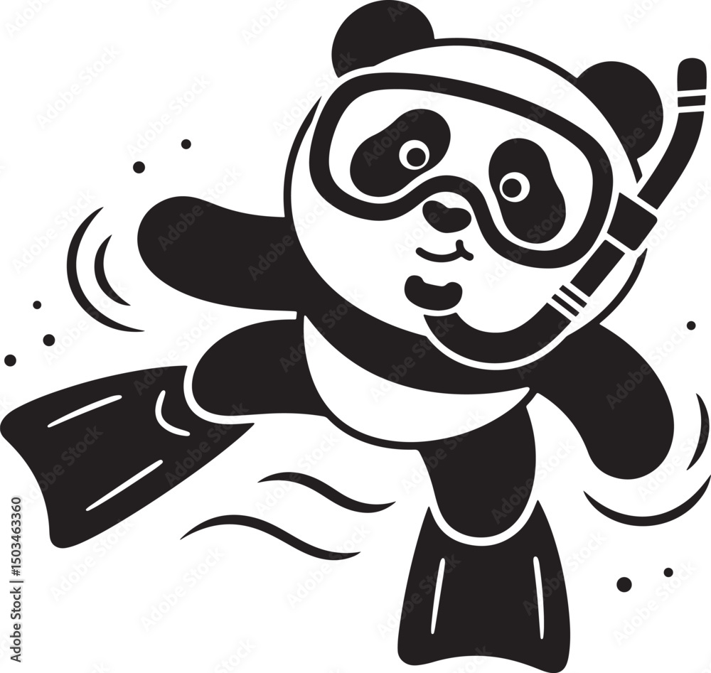 Fototapeta premium Panda diving with snorkel and fins, Underwater panda cartoon adventure