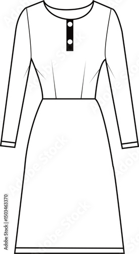 Title: Minimalist Line Art Dress with Long Sleeves and Buttoned Neckline