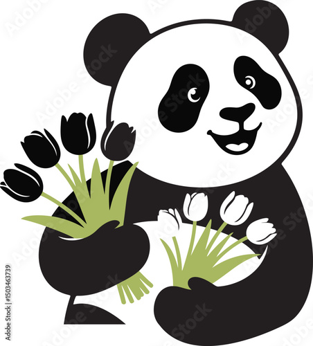 Panda holding tulip bouquet heartwarming design, Cute panda with flowers in hand