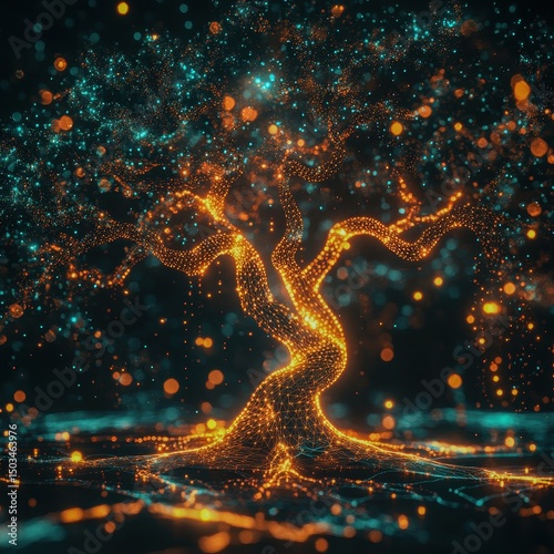 A digital tree with glowing branches symbolizing growth and innovation Focus on the branches