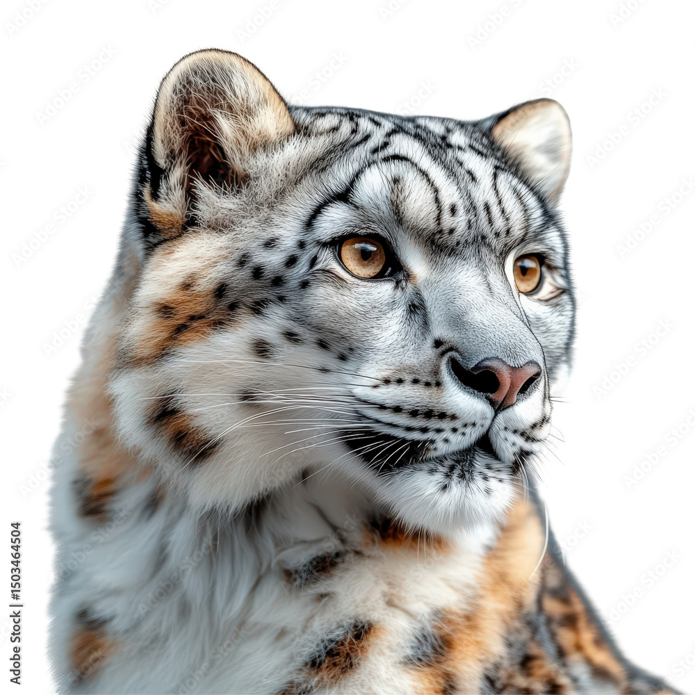 Naklejka premium Majestic snow leopard portrait highlighting intricate fur patterns and piercing gaze