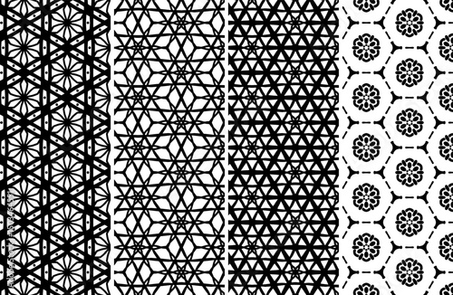 Elegant Black and White Geometric Seamless Patterns ideal for textile design, wallpaper, and digital projects offering versatile style options.